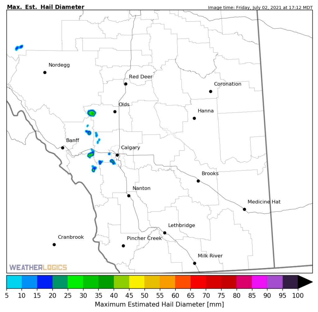 Hail snapshot around Calgary, Alberta on July 2, 2021