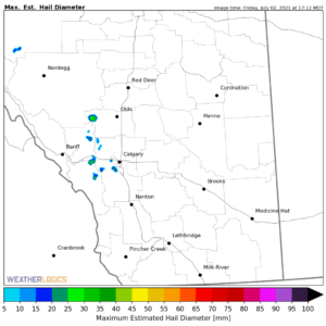 Hail snapshot around Calgary, Alberta on July 2, 2021