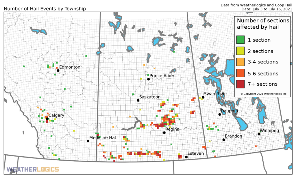 Map of hail events on the Prairies between July 3 and 16, 2021