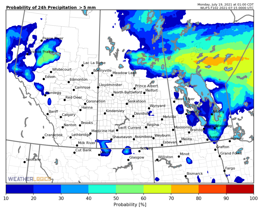 Ensemble model map showing the probability of more than 5 mm of rain over a 24 hour period