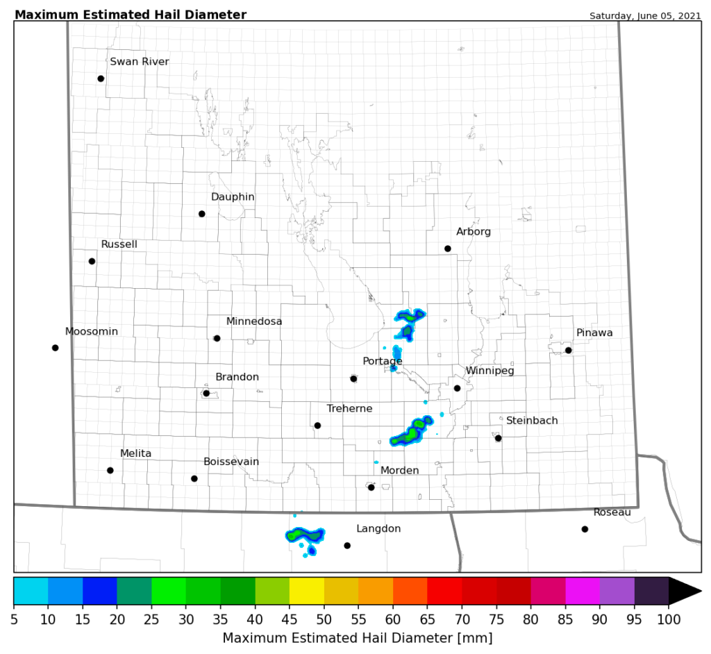 Hail swath map over southern Manitoba