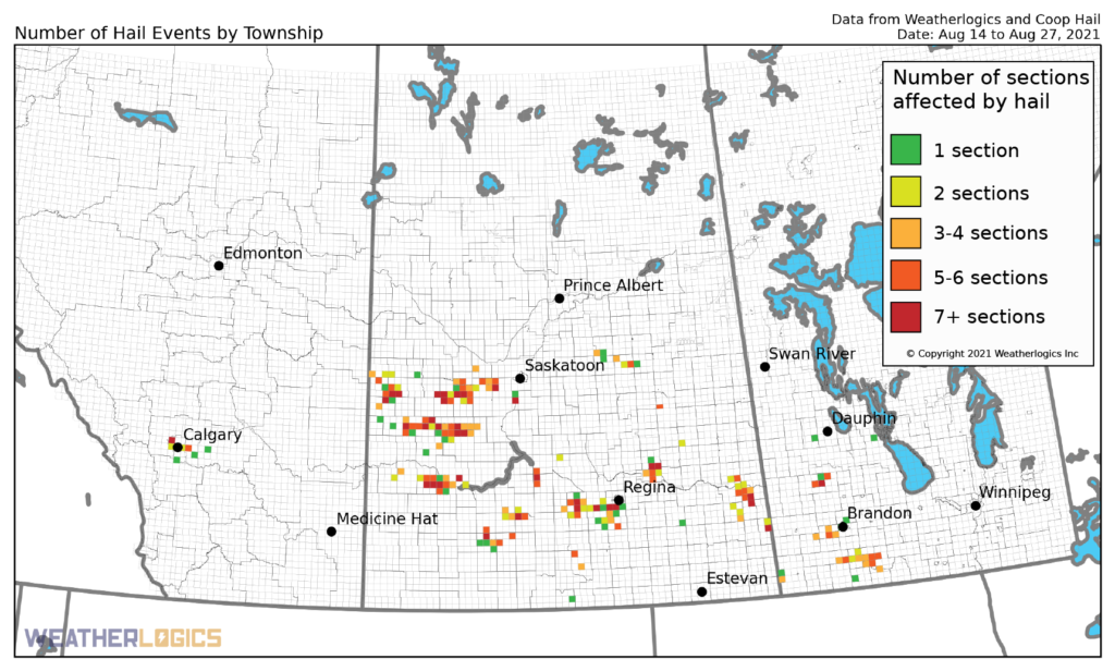 Map of hail events on the Prairies between August 14 and August 27, 2021