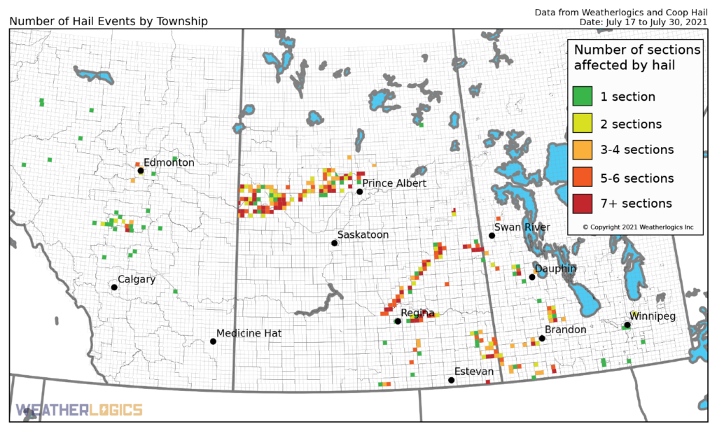 Map of hail events by township between July 17 and 30, 2021