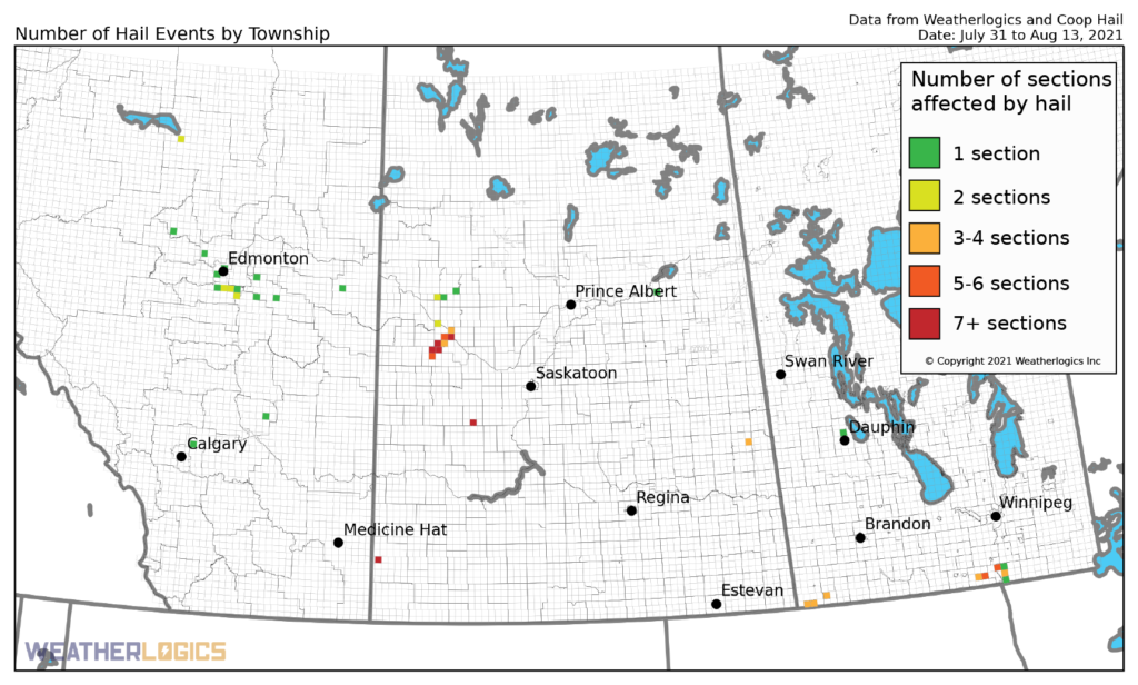 Map of hail events on the Prairies between July 31 and August 13, 2021