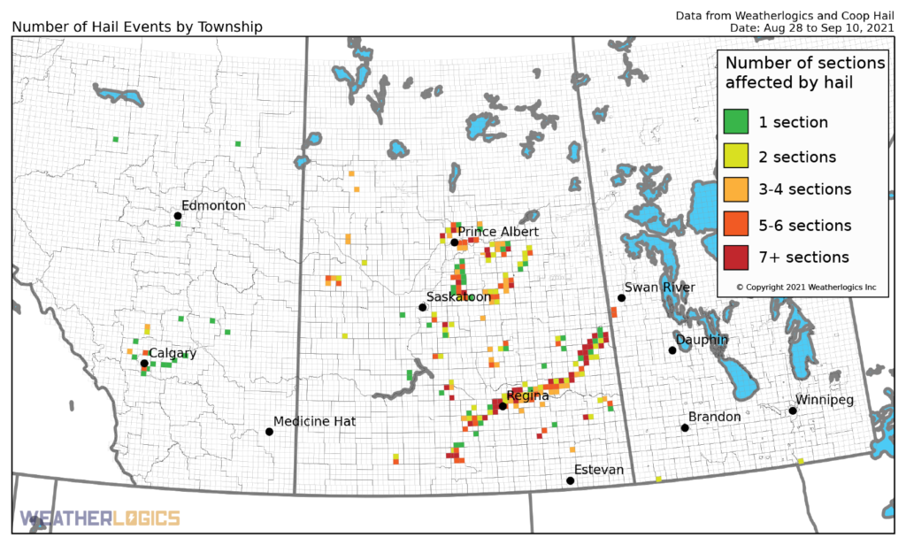 Map of hail events on the Prairies between August 28 and September 10, 2021