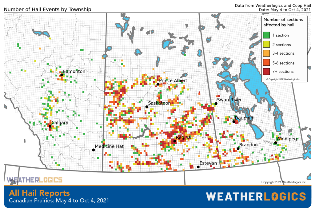 Hail reports by township in 2021